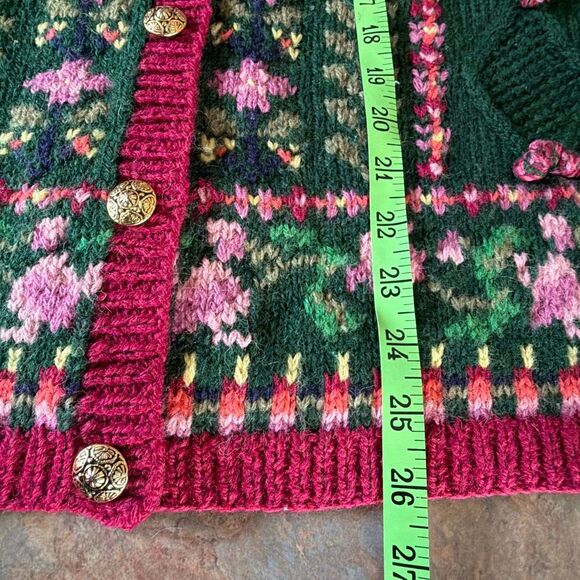 Vintage Woodstock International Forest Green Handknit Wool Floral Cardigan Sweat - Picture 7 of 8